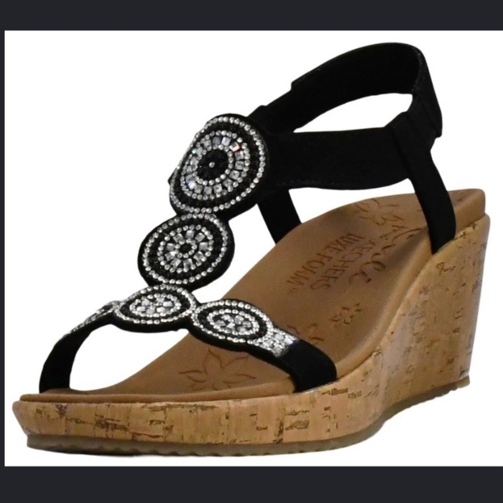 NWT Women's Skechers Beverlee Date Glam Wedge Black Sandal - Size 7